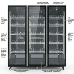 Luxury Triple Glass Door Commercial Wine Cooler With Led Light Adjustable Wire Racks Mobile Casters for Bar Hotel Drink Display - Image 4